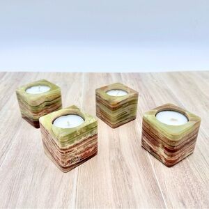 Vintage Natural Banded Green Onyx Marble Stone Tealight Candle Holders Set Of 4